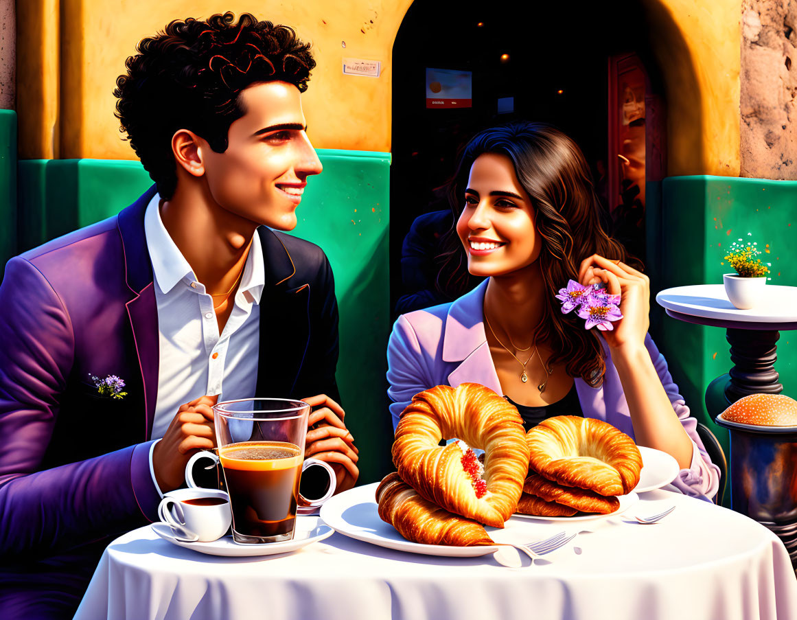 Happy couple at outdoor cafe with croissants and coffee