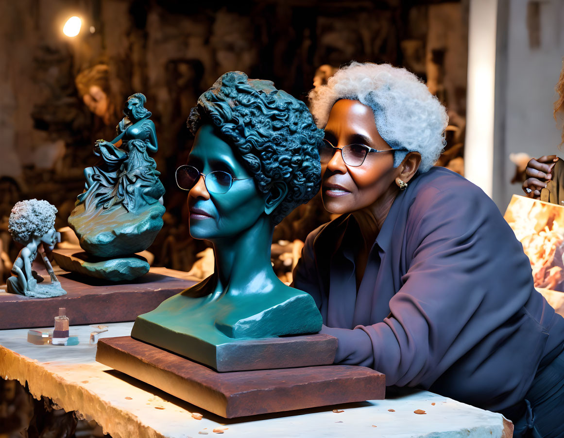 Gray-Haired Woman in Glasses Examines Realistic Bust Sculpture