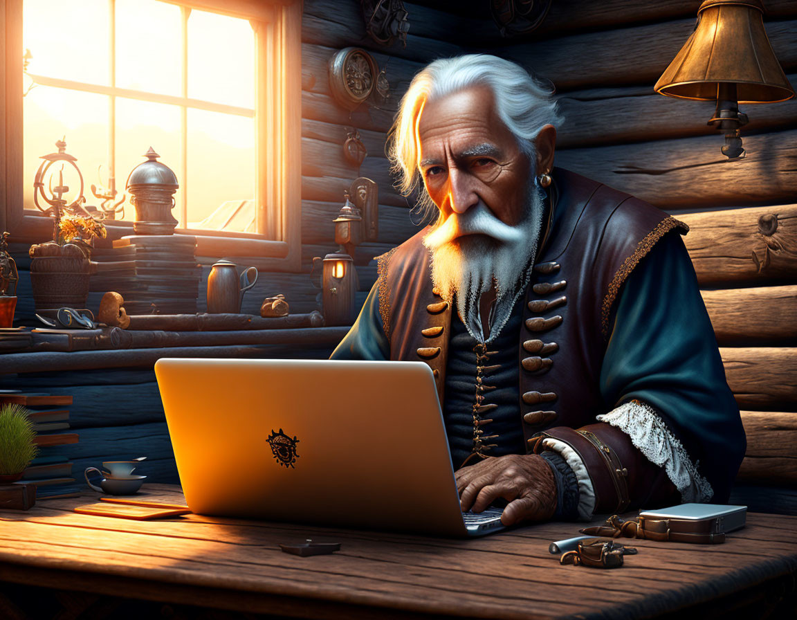 Elderly man with white beard in traditional clothes using laptop in cozy rustic interior