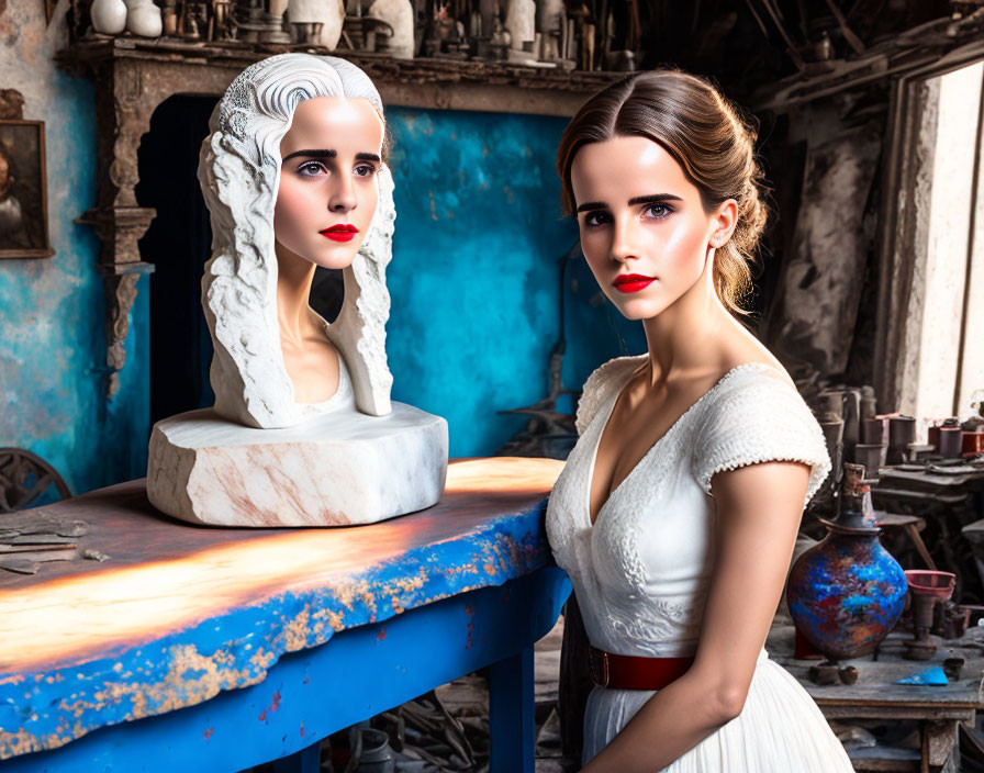 Woman standing near marble bust in cluttered workshop