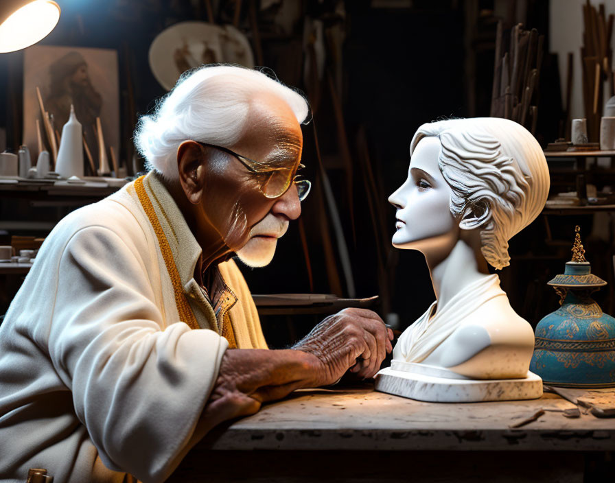 Elderly sculptor creating marble bust in art-filled studio