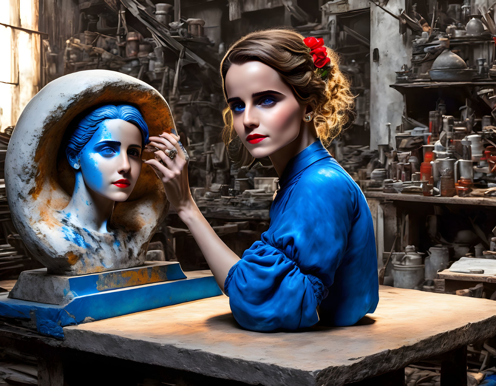 Woman in blue blouse with red flower next to surreal head sculpture in workshop