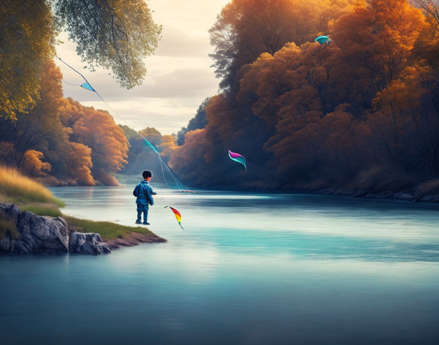 Child flying kite by tranquil river at twilight with autumn trees - serene scene