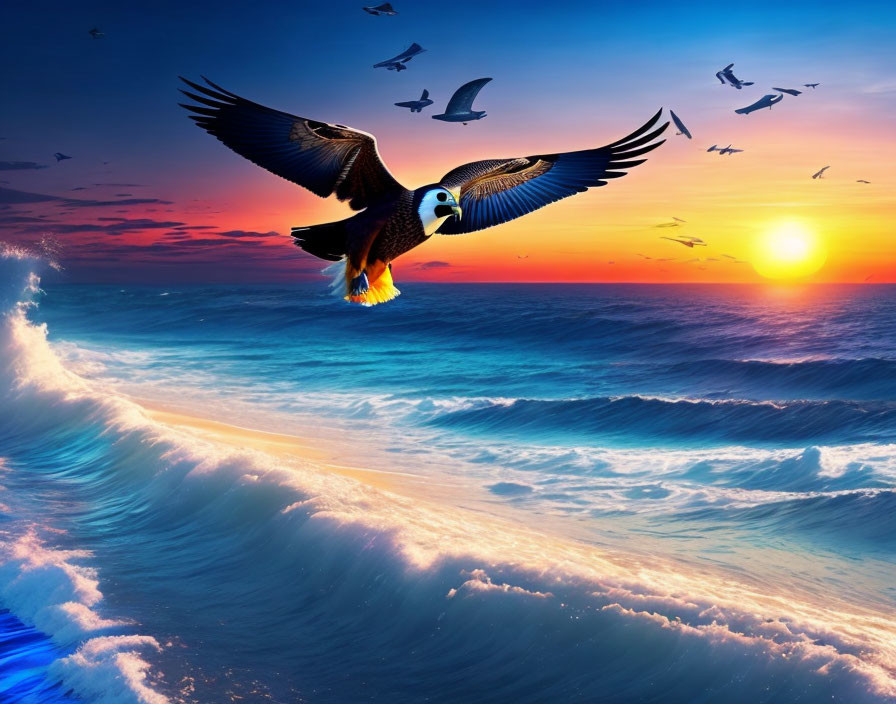 Bird flying over ocean at vibrant sunset with crashing waves and other birds.