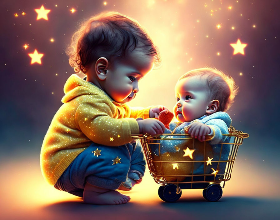 Digital artwork featuring two babies exchanging a heart in a magical, starry setting