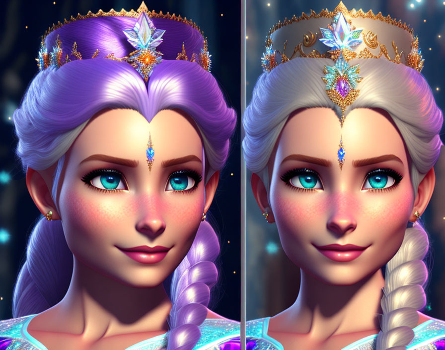 Female character digital art with two colored crowns, blue eyes, braided hair & sparkling accents