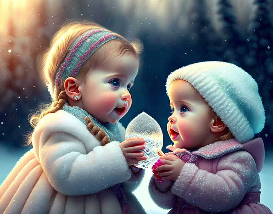 Two toddlers in winter clothing marvel at a sparkling object in snowy landscape