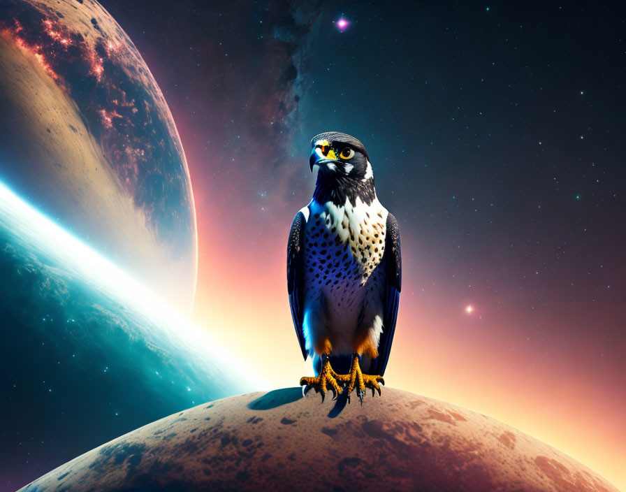 Peregrine falcon on rocky surface with nebula, starry sky, and planet