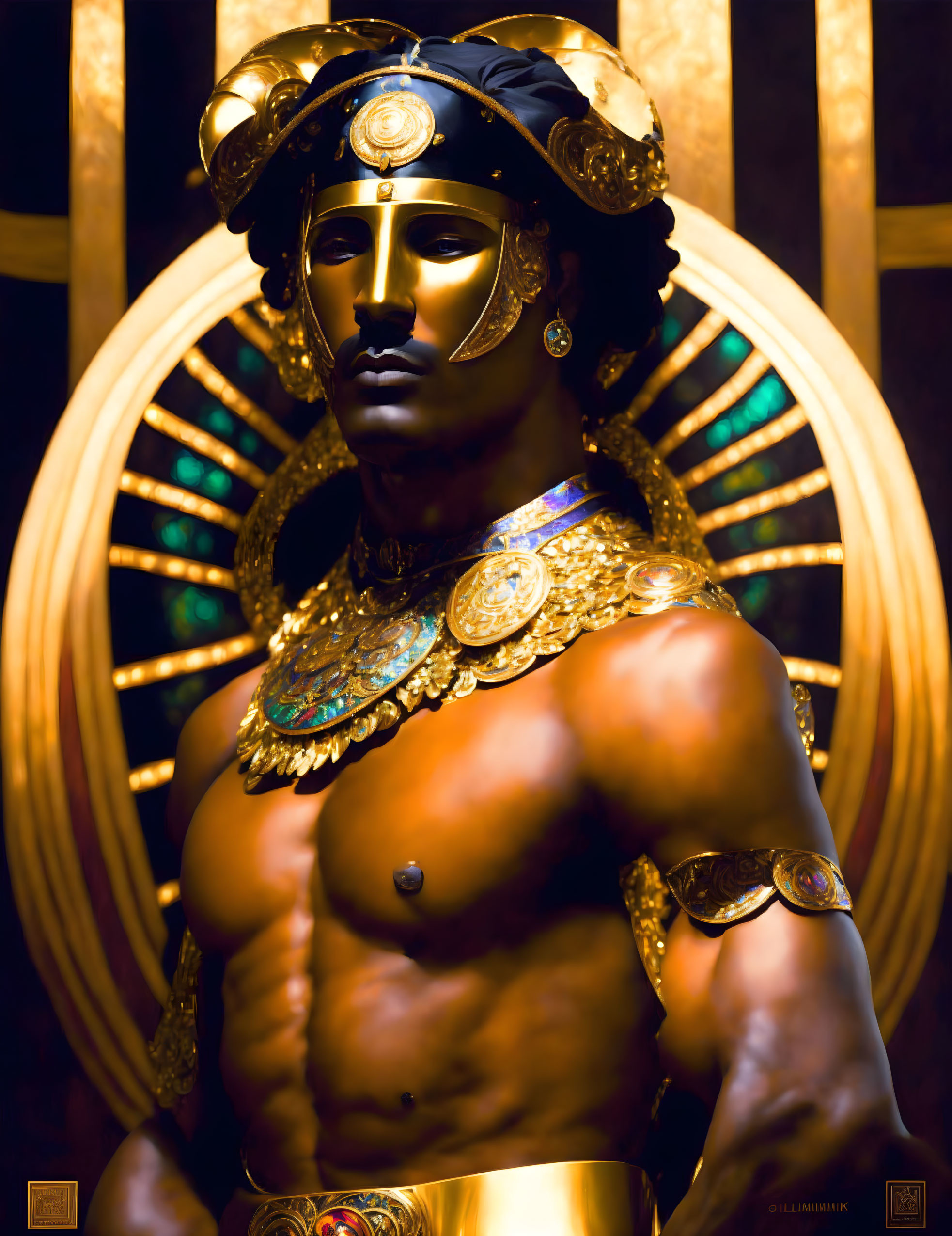 Golden statue of muscular male warrior in ornate armor with helmet posing on circular backdrop