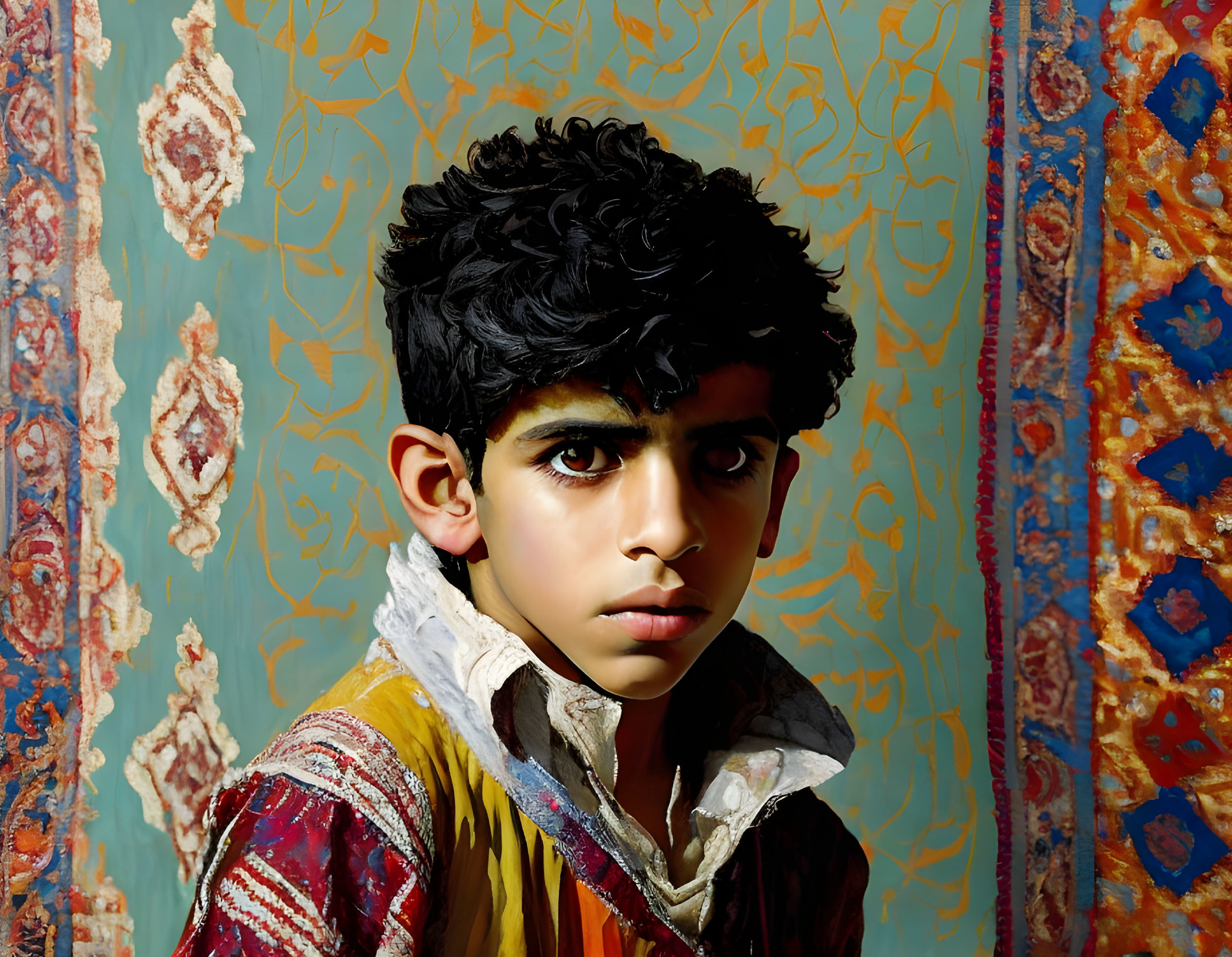 Young boy with curly hair in multicolored shirt on blue and gold patterned backdrop