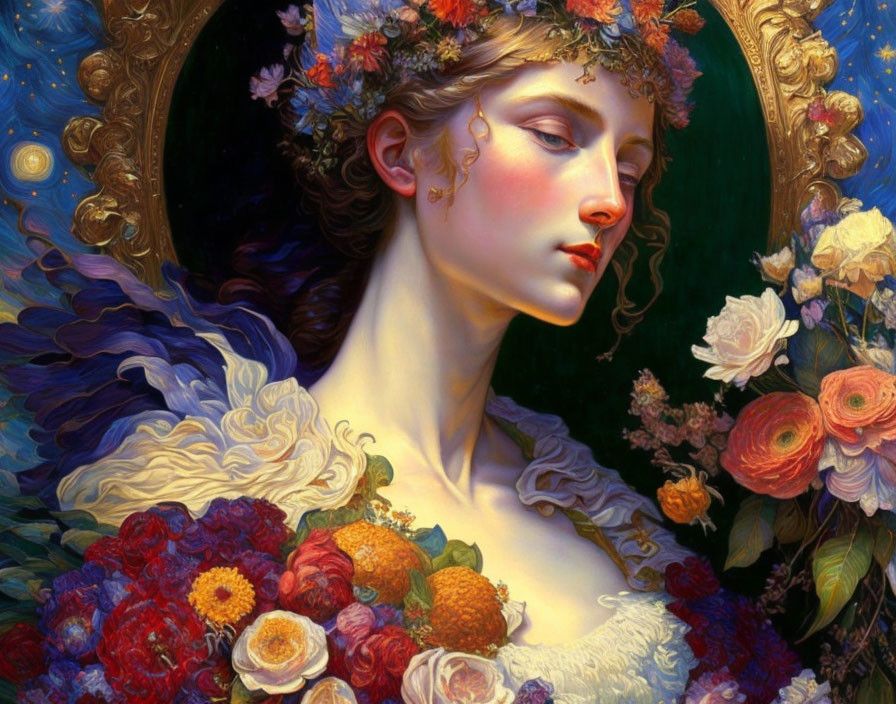 Art Nouveau-style painting of woman with floral wreath in golden frame surrounded by flowers