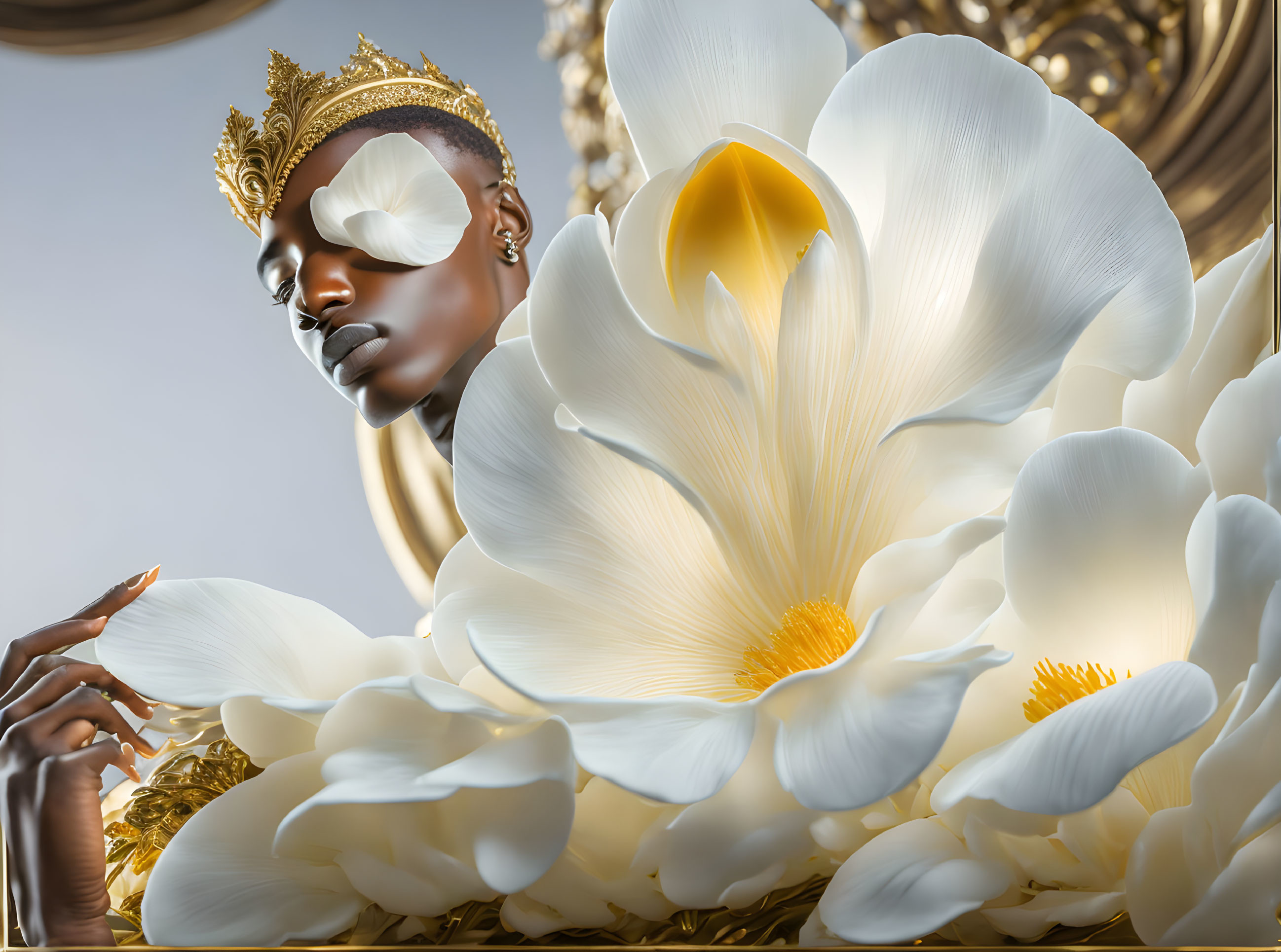 Surreal image of individual with golden headwear merging with white flower petals