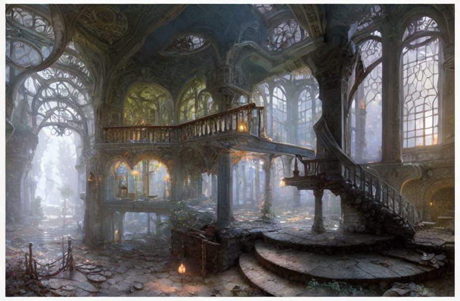 Abandoned grand hall with spiral staircase and overgrown plants