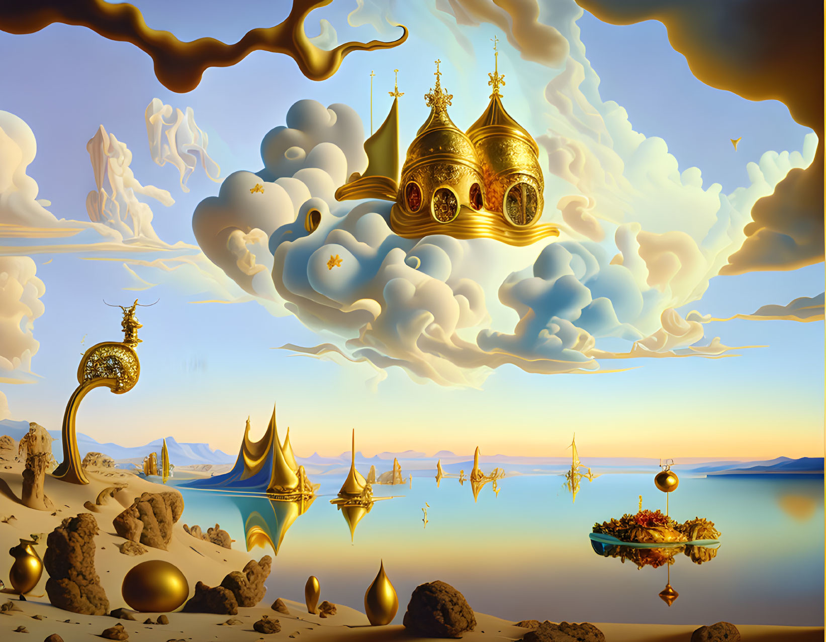 Surreal landscape with floating gold-domed structures and reflective water