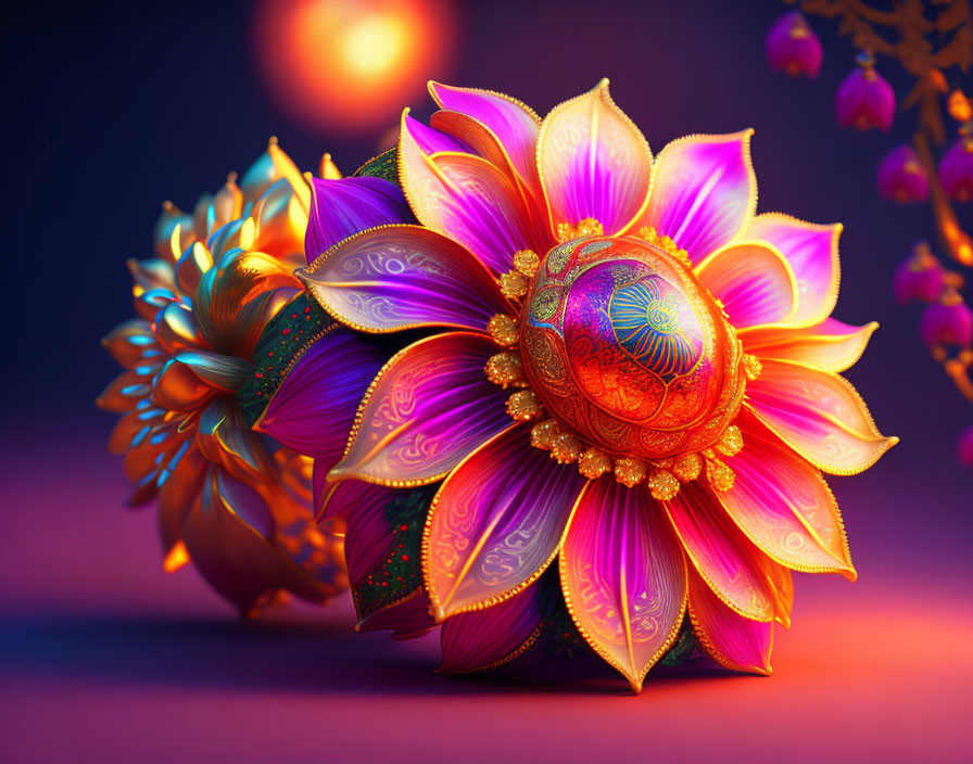 Colorful digital artwork: Stylized lotus flower with luminous pink, gold, and blue