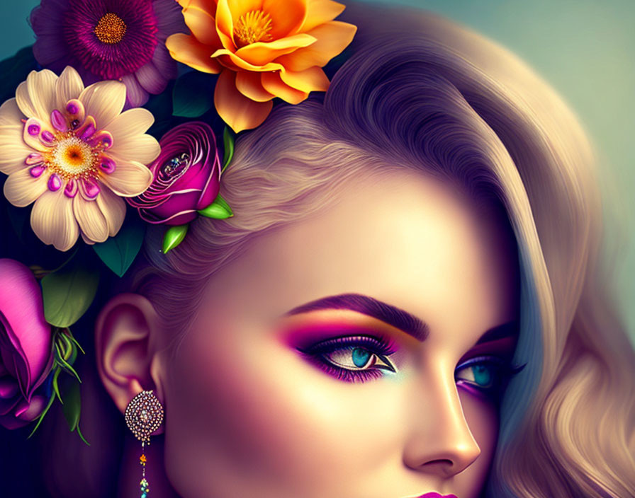 Digital Artwork: Woman's Profile with Vibrant Flower Adornments