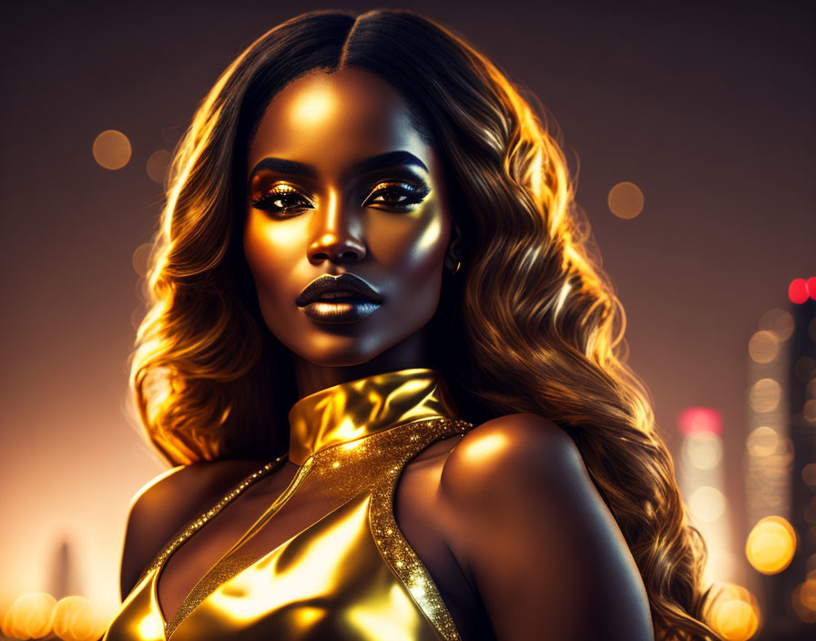 Striking makeup and flowing hair on elegant woman in golden outfit