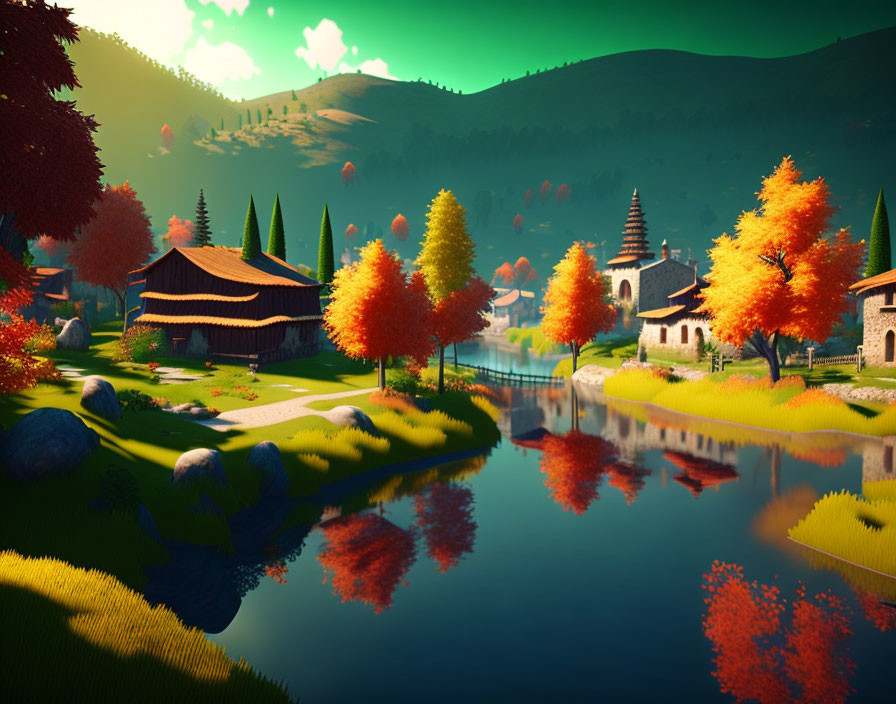 Tranquil autumn scene: lake, colorful trees, traditional houses, rolling hills