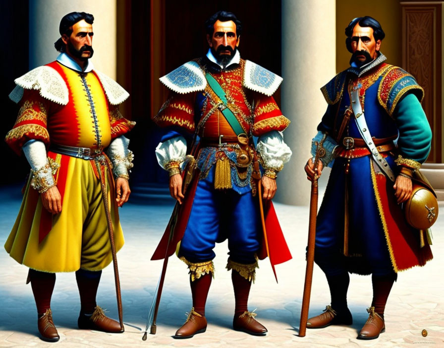 Three men in historical military uniforms with swords in grand hall