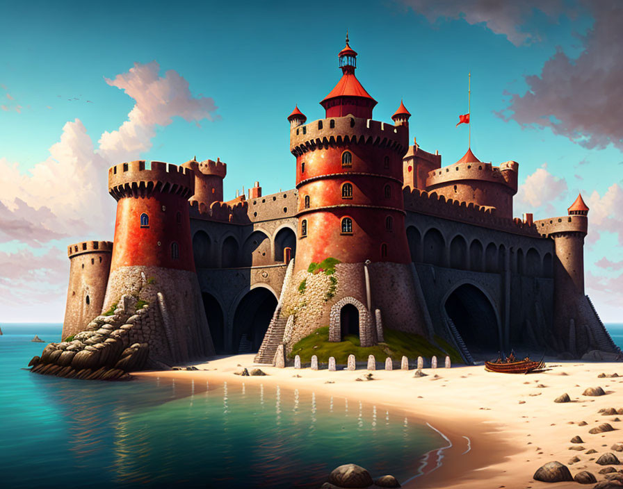 Fantasy castle on sandy beach with towers and ivy by blue waters