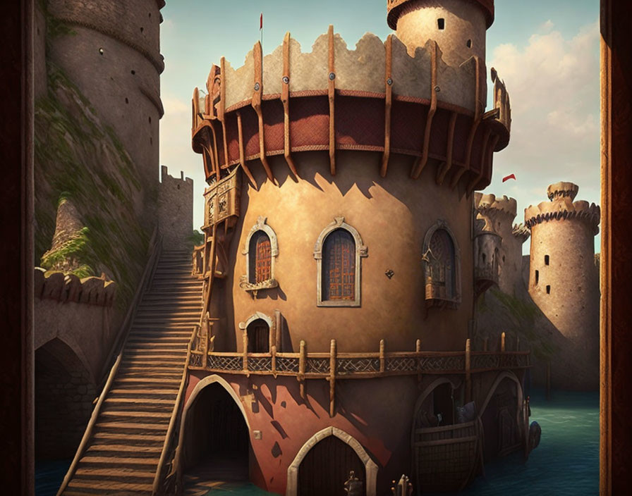 Whimsical animated castle with round towers and arched windows