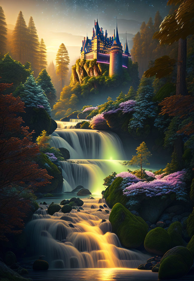 Enchanting castle on cliff with waterfalls in mystical forest