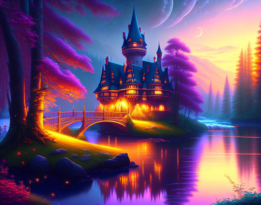 Fantastical castle illustration at night with colorful trees and river