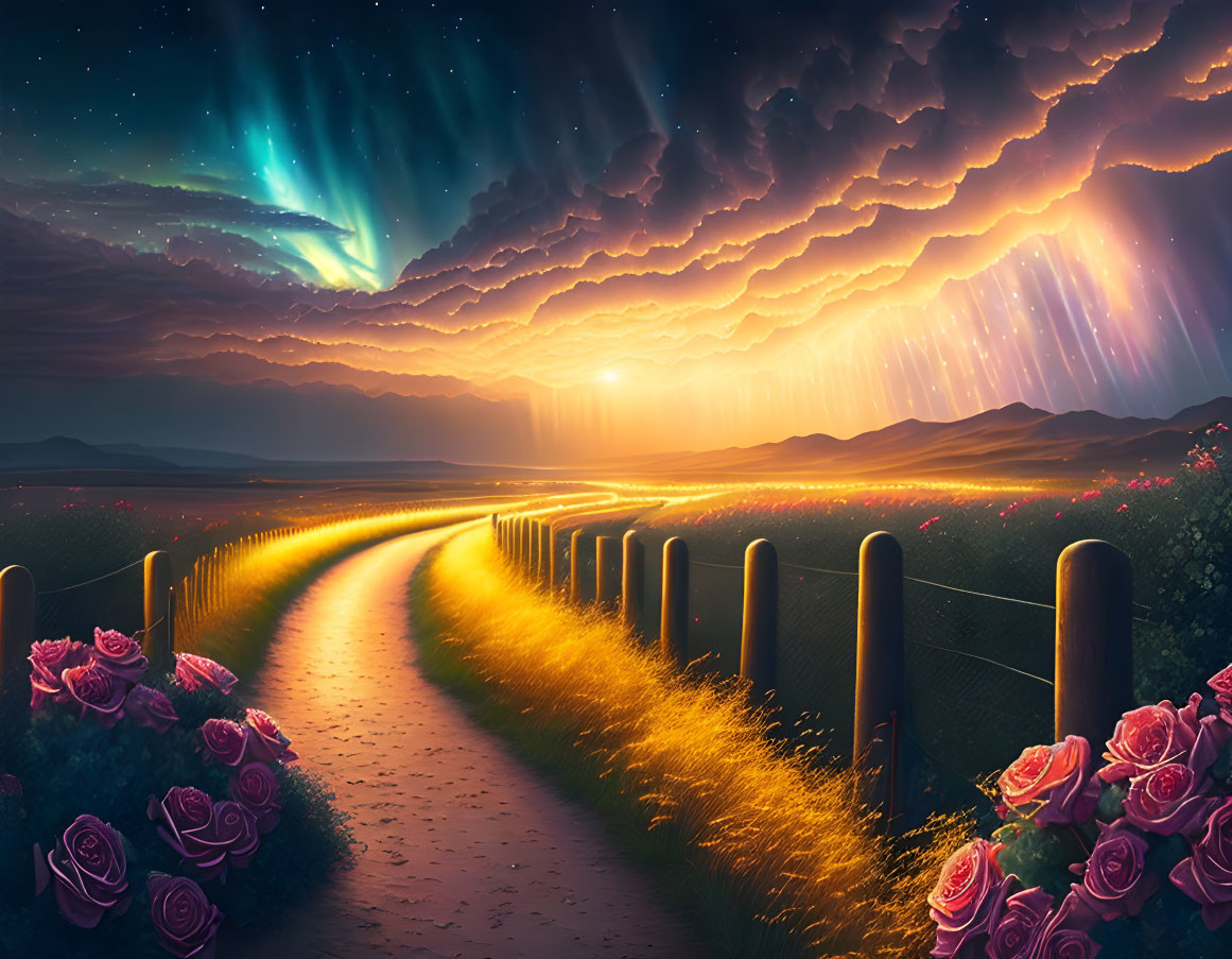 Scenic Path with Roses under Twilight Sky and Auroras