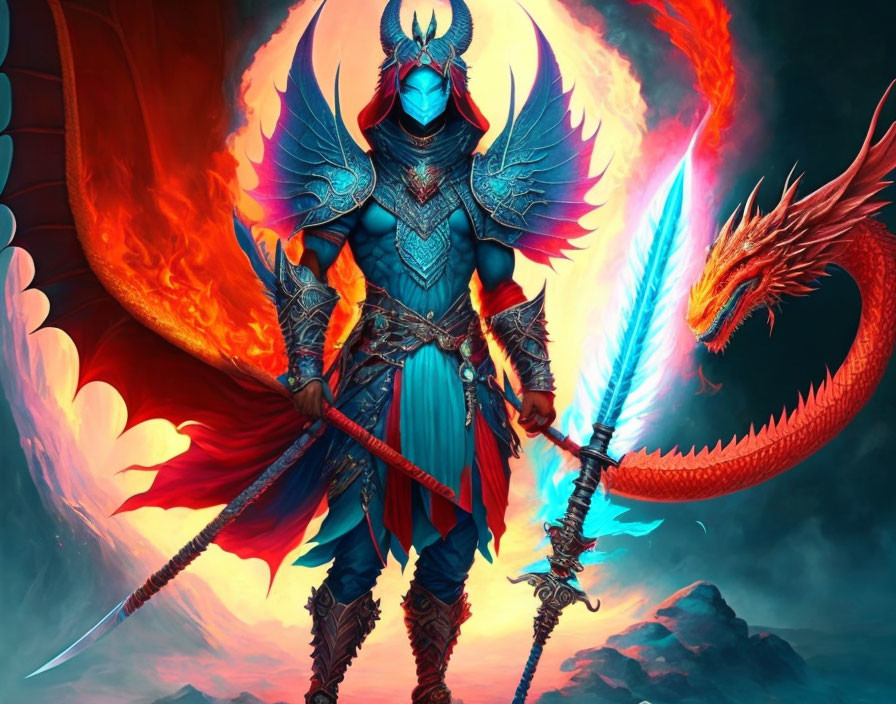 Fantasy warrior in blue armor with dragon, blue sword, and spear under dramatic sky