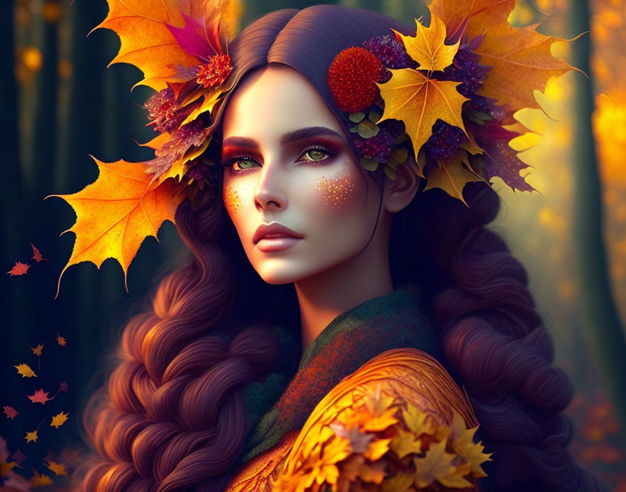 Digital artwork: Woman with autumn leaves, vibrant makeup, golden backdrop