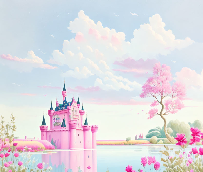 Pink castle by river with blooming trees in pastel sky