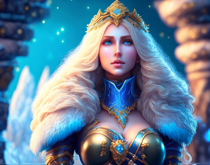 Fantastical portrait of a woman in blue and gold armor against icy backdrop