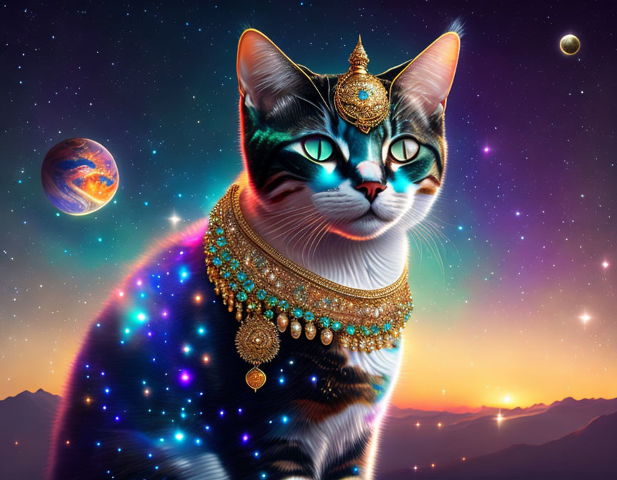 Majestic cat with ornate jewelry against starry sky and planets