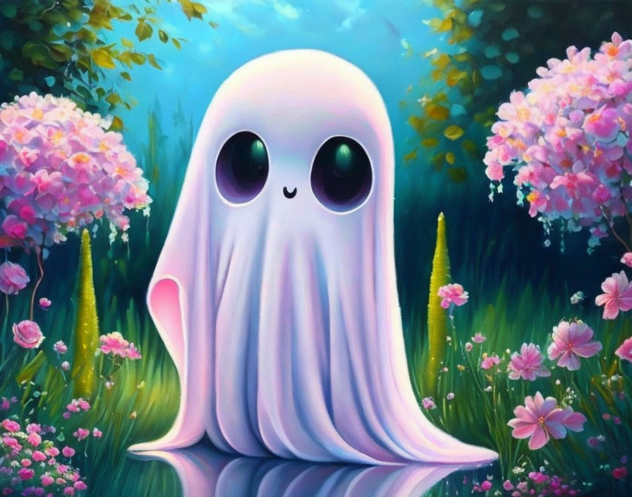 Cartoon ghost in vibrant garden with flowers and greenery