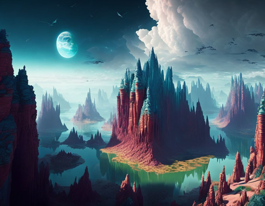 Fantastical landscape with towering rock formations, green lake, moon, birds, and clouds