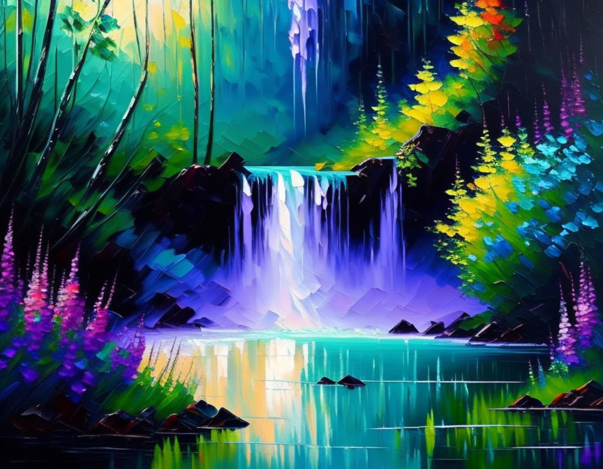 Vibrant painting of a colorful waterfall scene