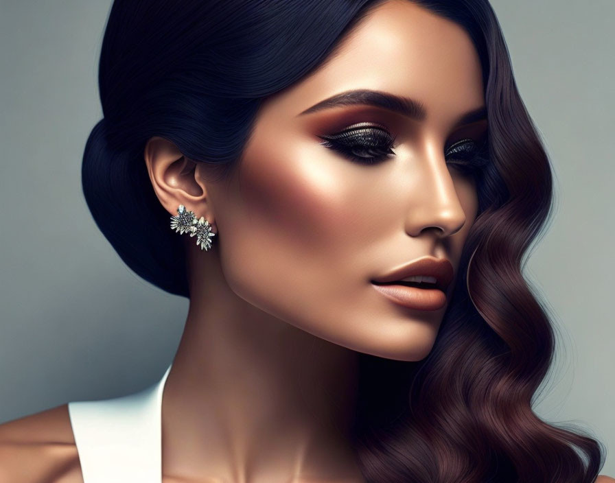 Stylish woman with wavy hair and glamorous makeup on neutral backdrop