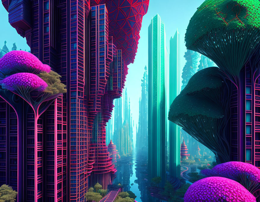 Futuristic cityscape with geometric skyscrapers and neon-colored structures