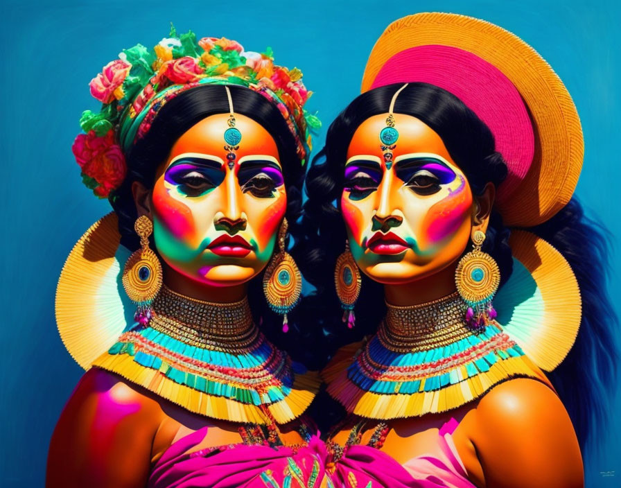 Colorful makeup and exotic flowers adorn two women on teal background