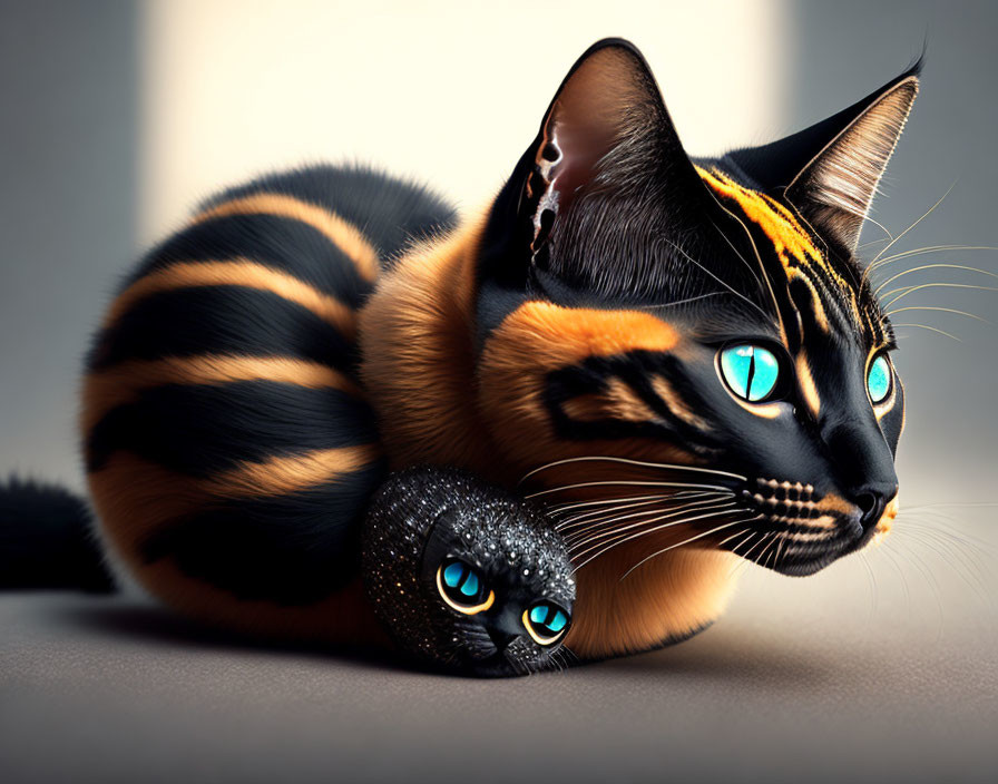 Digital Artwork: Orange and Black Striped Cat with Turquoise-Eyed Kitten