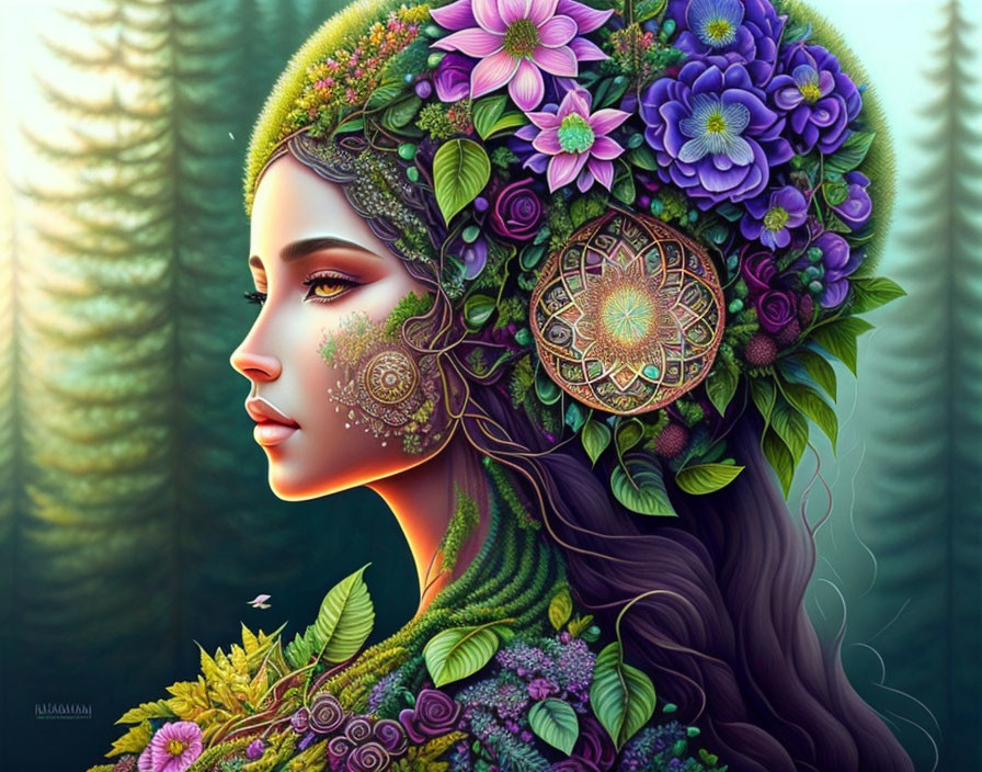 Woman with Floral Hair and Mandala Illustration: Mystical Nature Connection