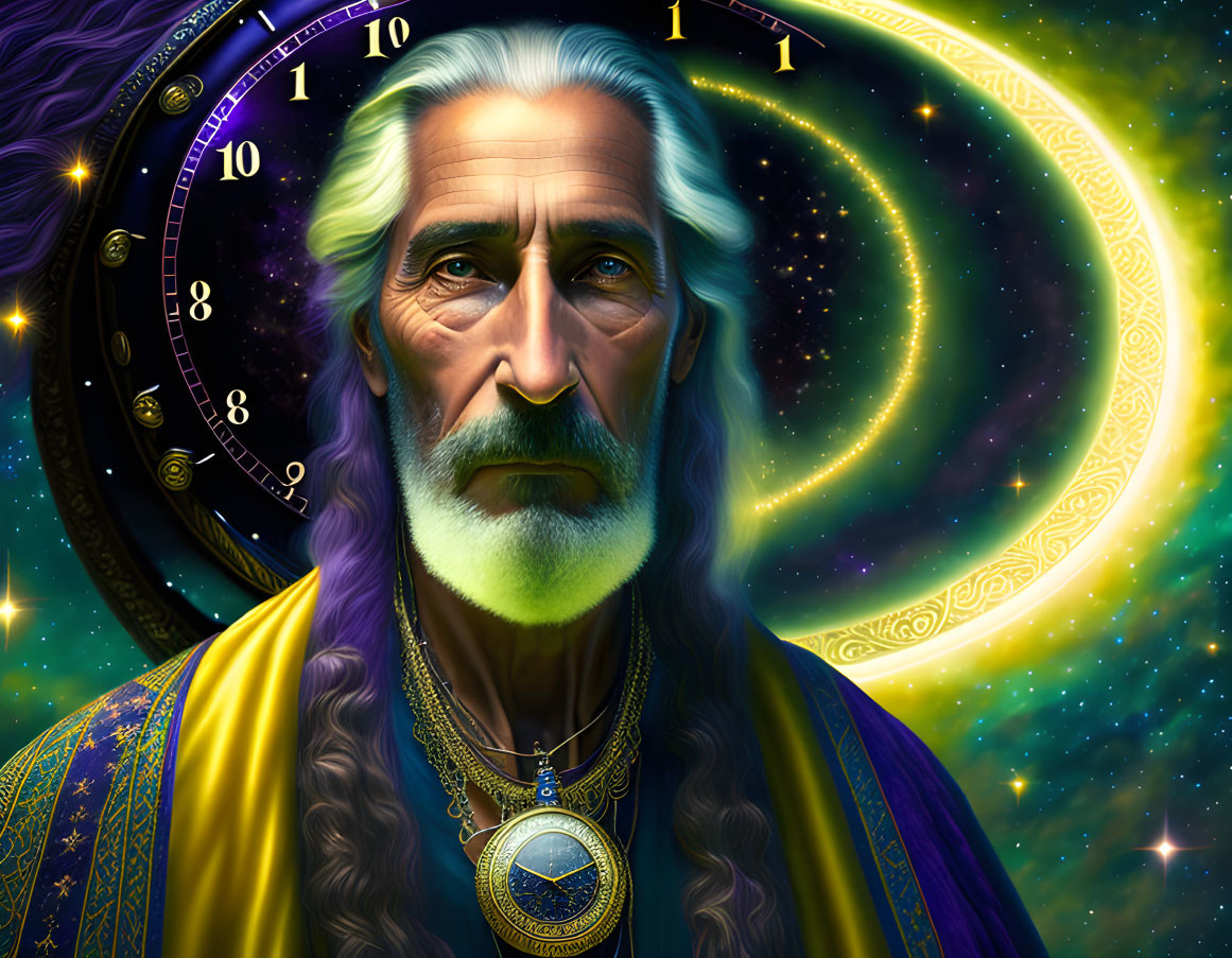 Elderly wizard with long white hair and beard in blue and gold robe on cosmic background.