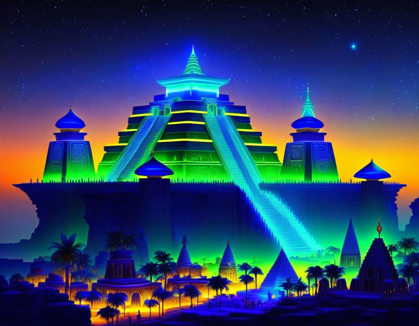 Fantasy palace with neon lights, pyramids, and starry night sky.