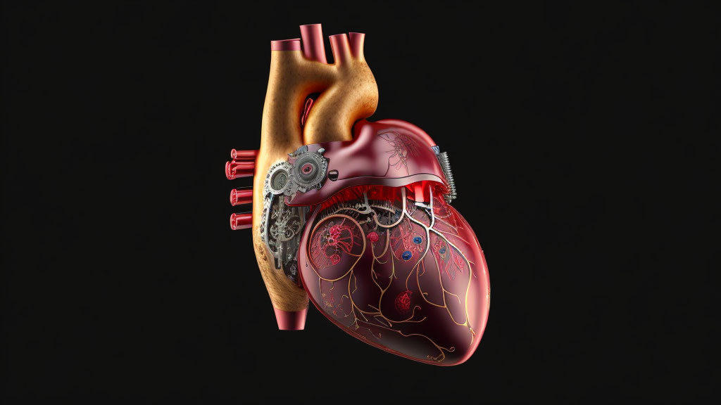 Detailed 3D Human Heart Illustration with Gears on Black Background