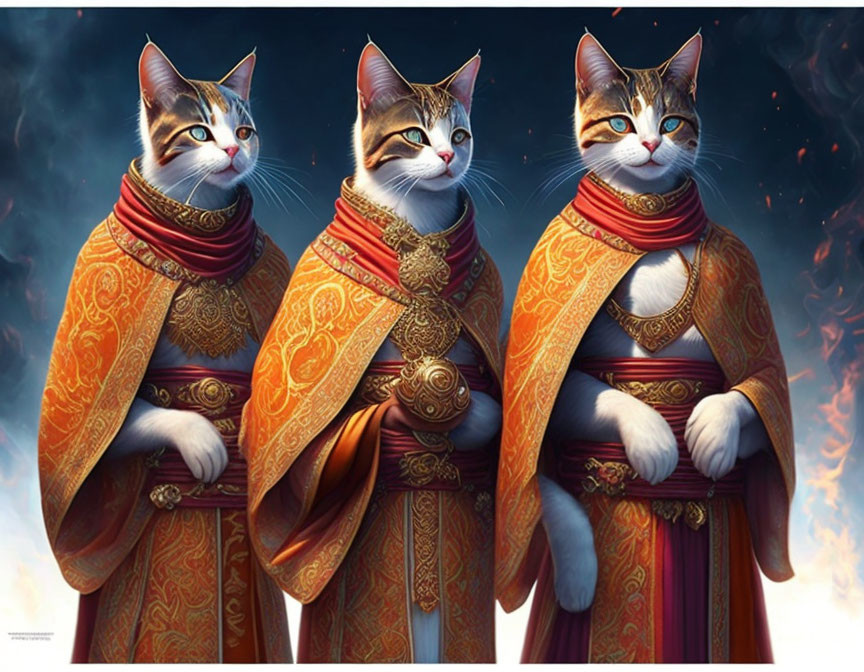 Regal Cats in Red and Gold Renaissance Attire