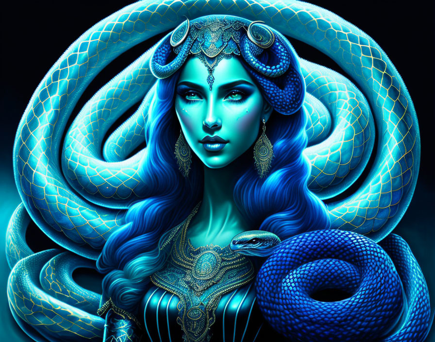 Blue-skinned woman with snake adornments and mystical aura in fantasy illustration