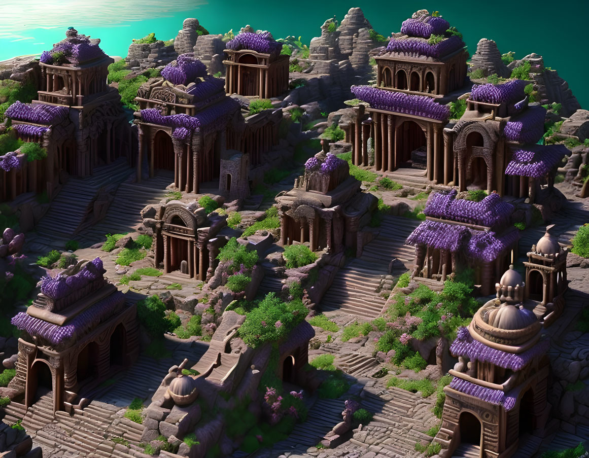 Fantasy Landscape with Ancient Stone Architecture and Lush Greenery