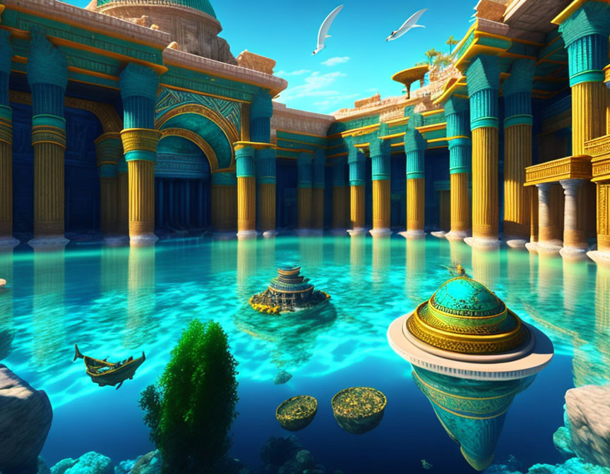 Fantastical water cityscape with ancient Egyptian architecture and rowboat