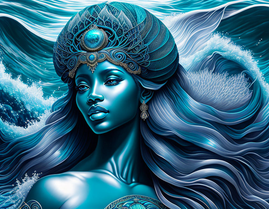 Illustrated ocean-themed female figure with flowing hair and ornate headdress against swirling water.