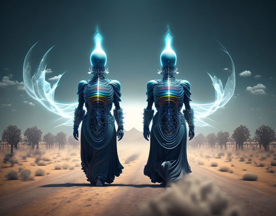 Mystical figures with glowing blue flames in desert landscape